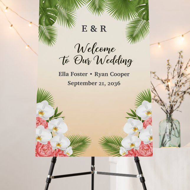 Palm Leaf & Orchid Floral Wedding Sign (In Situ (Stand))