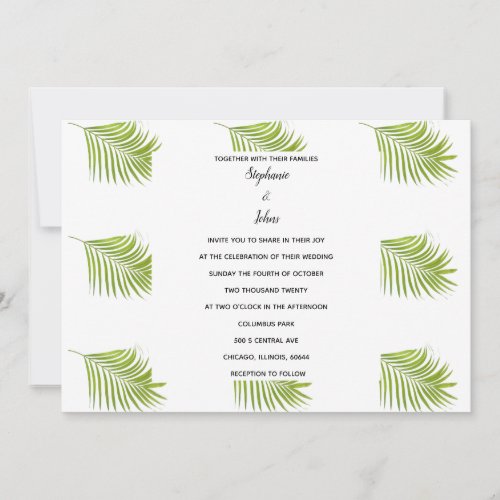 Palm Leaf Pattern Green White Simple Wedding Invitation