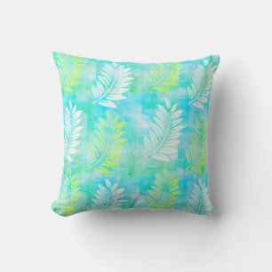 Palm Leaf Pattern on Caribbean Blue Tropical Throw Pillow