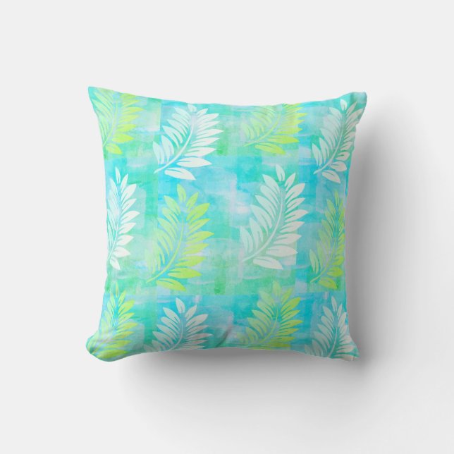 Palm Leaf Pattern on Caribbean Blue Tropical Throw Pillow (Front)