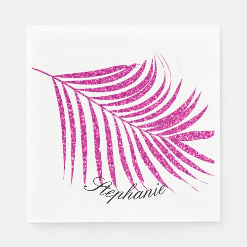 Palm Leaf Pink Rose Glitter Custom Name Cute Cool Napkins