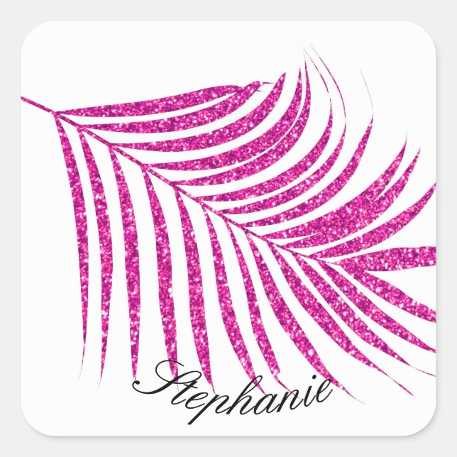 Palm Leaf Pink Rose Glitter Custom Name Cute Cool Square Sticker (Front)