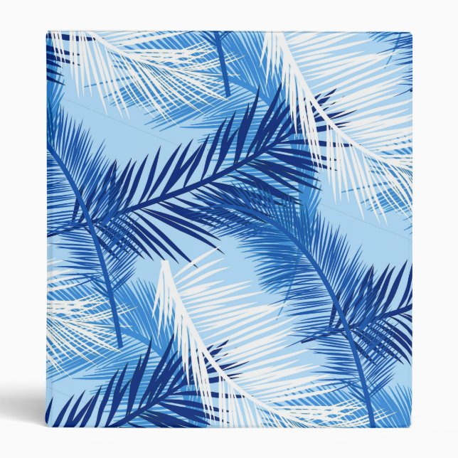 Palm Leaf Print, Cobalt, White and Sky Blue 3 Ring Binder (Front)