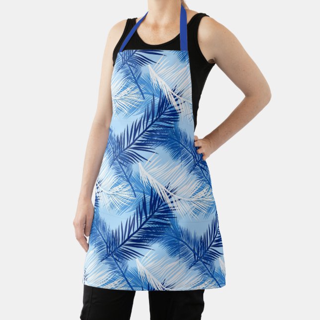 Palm Leaf Print, Cobalt, White and Sky Blue Apron (Insitu)