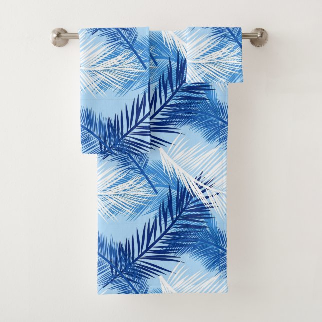 Palm Leaf Print, Cobalt, White and Sky Blue Bath Towel Set (Insitu)
