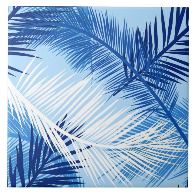 Palm Leaf Print, Cobalt, White and Sky Blue Ceramic Tile (Front)