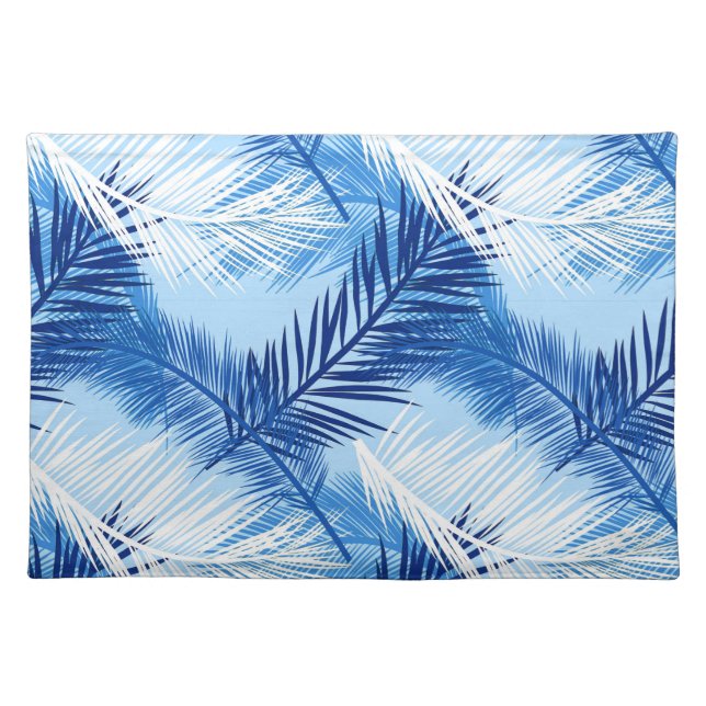 Palm Leaf Print, Cobalt, White and Sky Blue Cloth Placemat (Front)