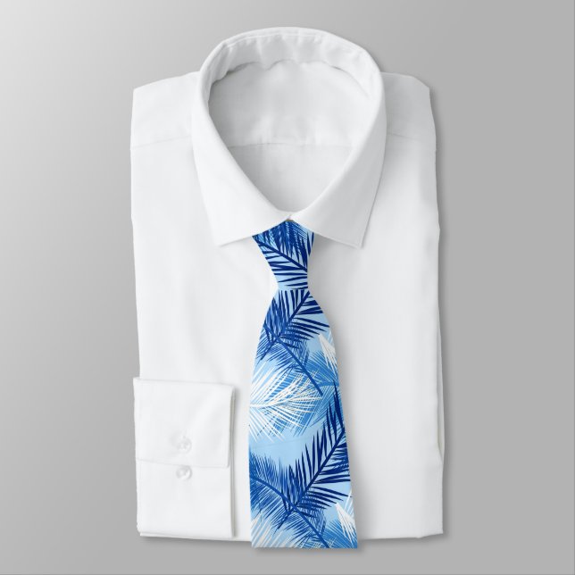 Palm Leaf Print, Cobalt, White and Sky Blue Neck Tie (Tied)