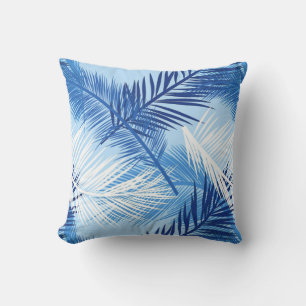 Palm Leaf Print, Cobalt, White and Sky Blue Outdoor Pillow