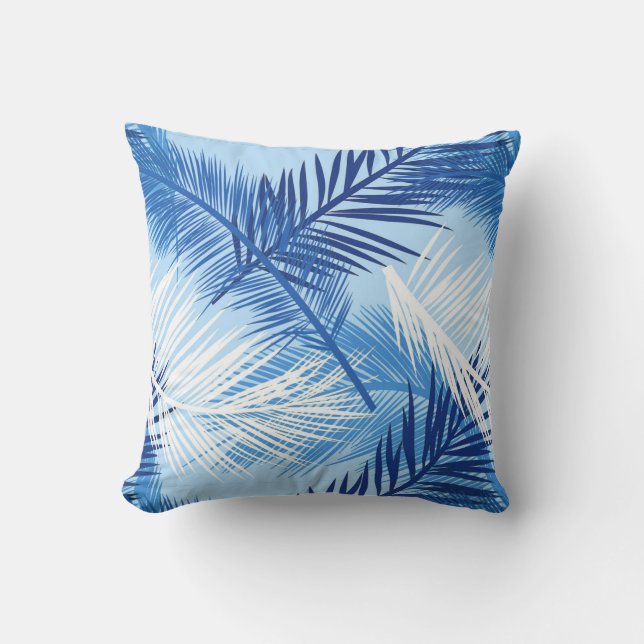 Palm Leaf Print, Cobalt, White and Sky Blue Outdoor Pillow (Front)