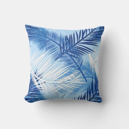 Palm Leaf Print Cobalt White and Sky Blue Outdoor Pillow