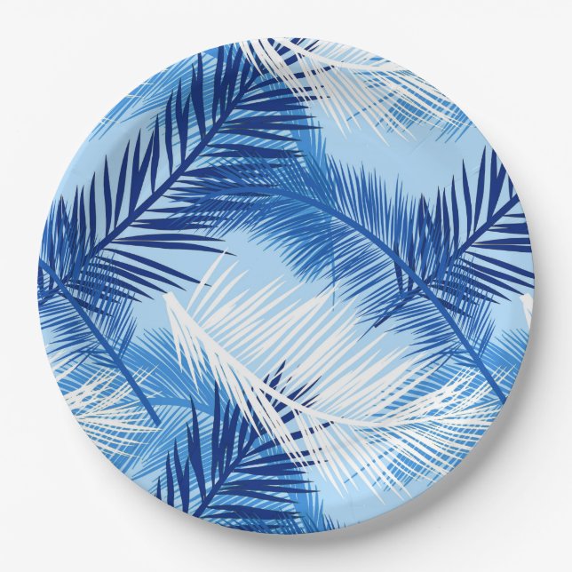 Palm Leaf Print, Cobalt, White and Sky Blue Paper Plates (Front)