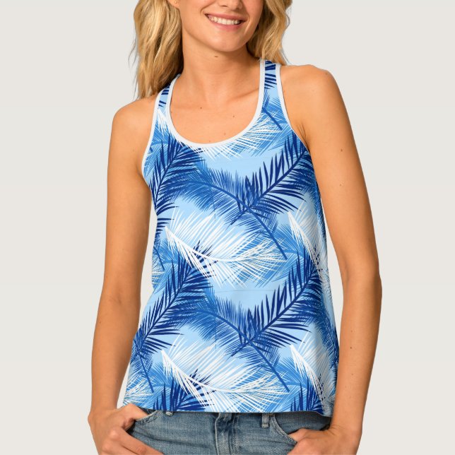 Palm Leaf Print, Cobalt, White and Sky Blue Tank Top (Front)
