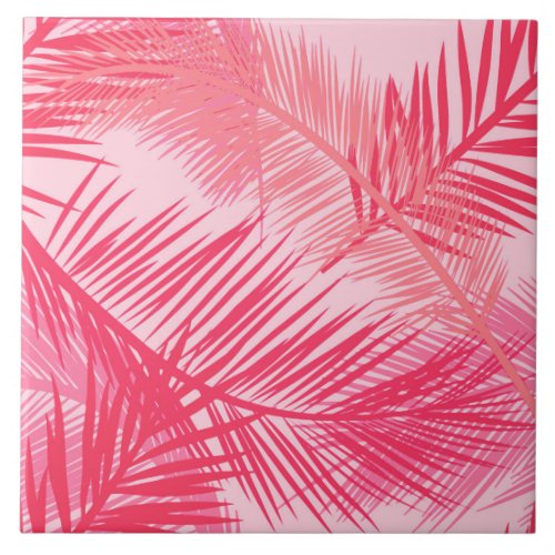 Palm Leaf Print Coral Peach and Pastel Pink Ceramic Tile