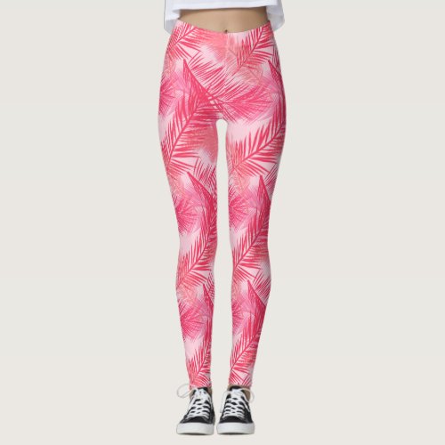 Palm Leaf Print Coral Peach and Pastel Pink Leggings