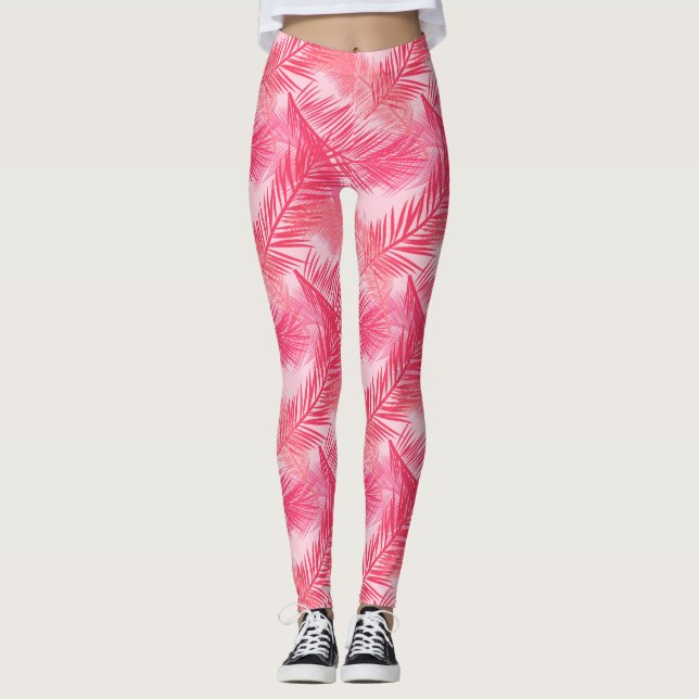 Palm Leaf Print, Coral, Peach and Pastel Pink Leggings (Front)