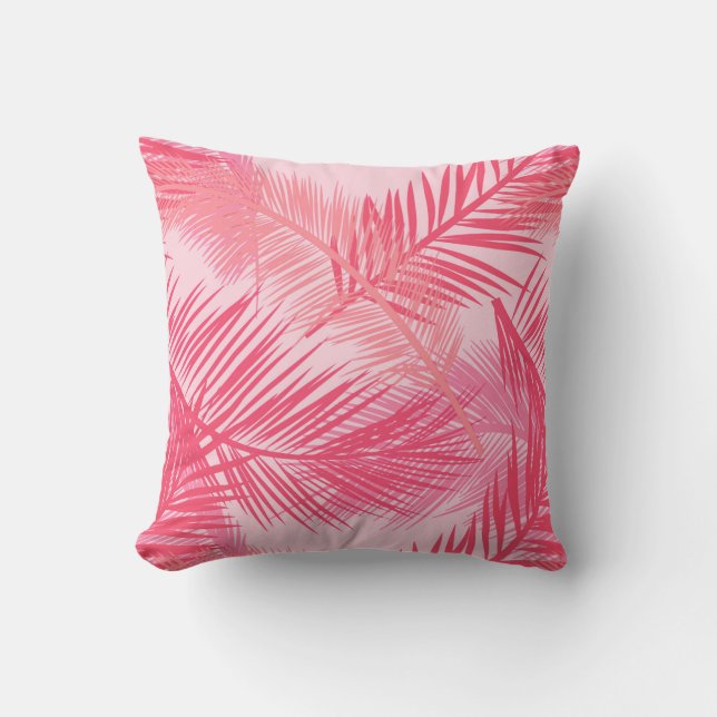 Palm Leaf Print, Coral, Peach and Pastel Pink Outdoor Pillow (Front)