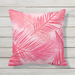 Palm Leaf Print, Coral, Peach and Pastel Pink Outdoor Pillow