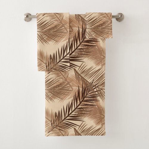 Palm Leaf Print Dark Brown Tan and Beige Bath Towel Set
