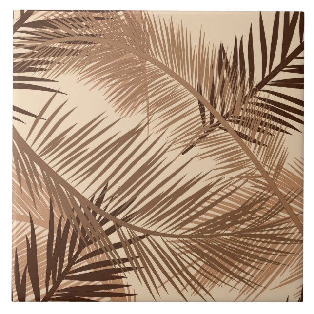 Palm Leaf Print, Dark Brown, Tan and Beige Ceramic Tile (Front)