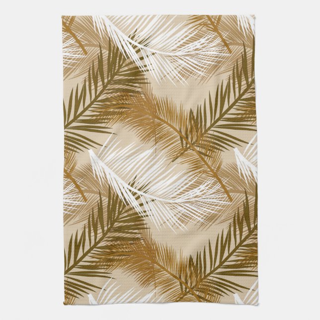 Palm Leaf Print, Dark Brown, Tan and Beige  Kitchen Towel (Vertical)