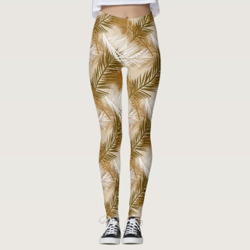 Palm Leaf Print Dark Brown Tan and Beige  Leggings