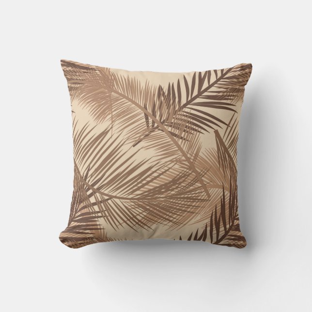 Palm Leaf Print, Dark Brown, Tan and Beige Outdoor Pillow (Front)