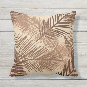 Palm Leaf Print, Dark Brown, Tan and Beige Outdoor Pillow