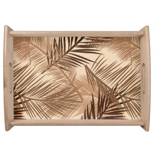 Palm Leaf Print Dark Brown Tan and Beige Serving Tray