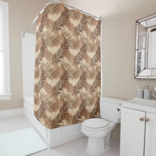 Palm Leaf Print Dark Brown Tan and Beige Shower Curtain