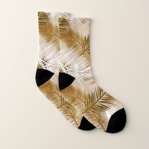 Palm Leaf Print Dark Brown Tan and Beige  Socks