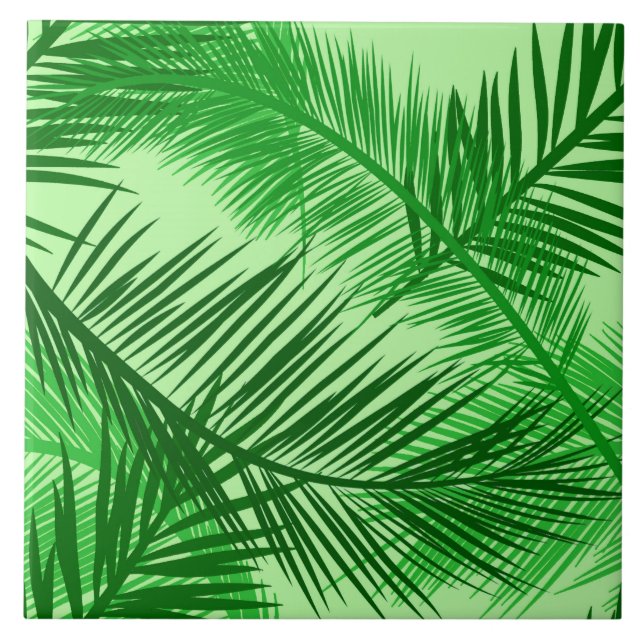 Palm Leaf Print, Emerald and Light Lime Green Ceramic Tile (Front)
