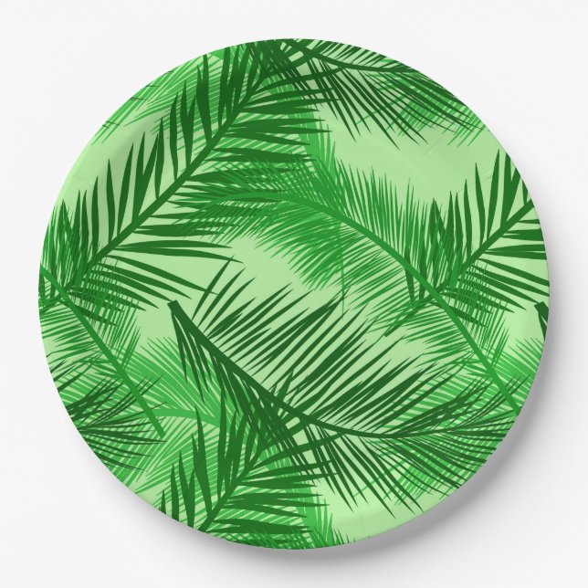 Palm Leaf Print, Emerald and Light Lime Green  Paper Plates (Front)