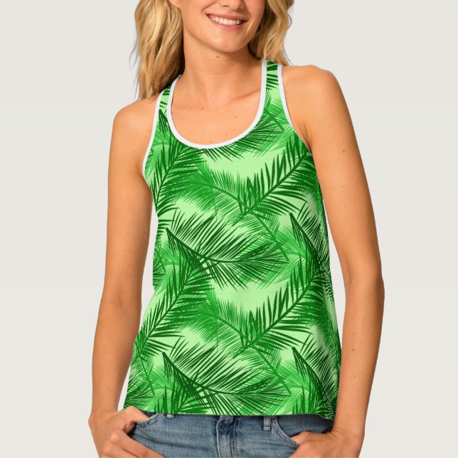 Palm Leaf Print, Emerald and Light Lime Green  Tank Top (Front)