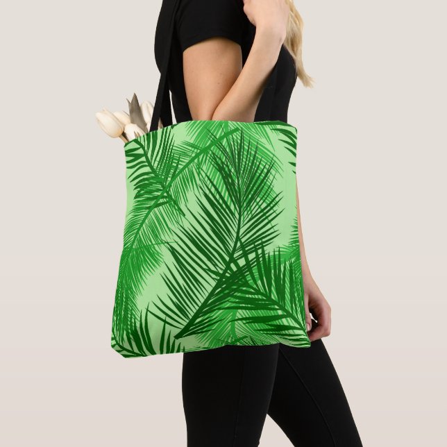 Palm Leaf Print, Emerald and Light Lime Green Tote Bag (Close Up)