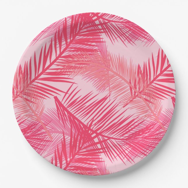 Palm Leaf Print, Fuchsia, Coral and Pastel Pink  Paper Plates (Front)