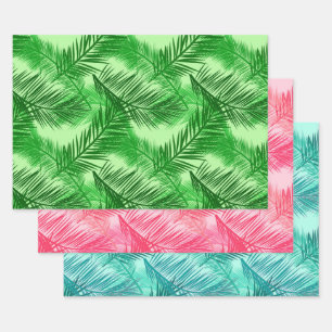 Palm Leaf Print, Green, Turquoise, Coral Pink Wrapping Paper Sheets