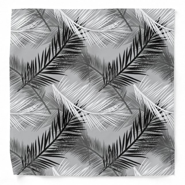 Palm Leaf Print, Grey / Gray, Black and White Bandana (Front)