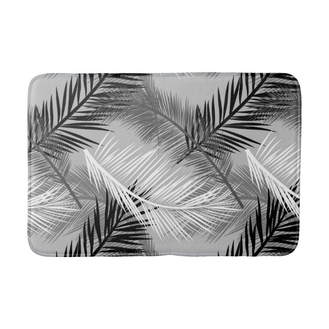 Palm Leaf Print, Grey / Gray, Black and White Bath Mat (Front)