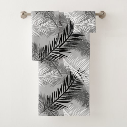 Palm Leaf Print Grey  Gray Black and White Bath Towel Set