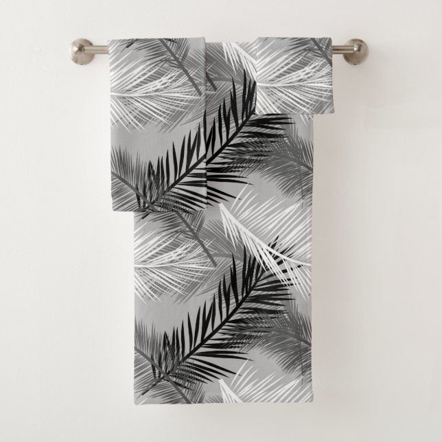 Palm Leaf Print, Grey / Gray, Black and White Bath Towel Set (Insitu)