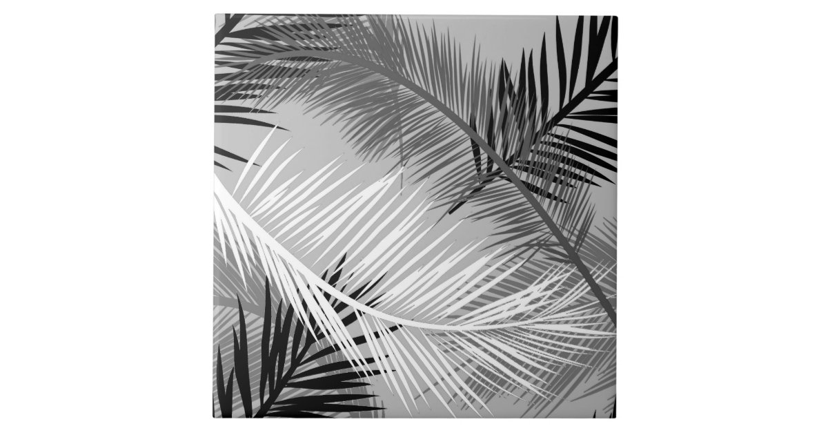 Palm Leaf Print, Grey / Gray, Black and White Ceramic Tile Zazzle