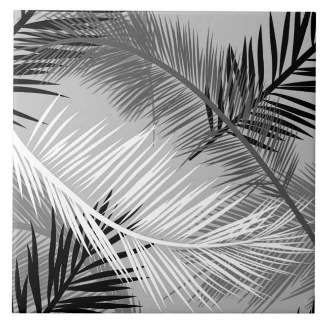 Palm Leaf Print, Grey / Gray, Black and White Ceramic Tile (Front)