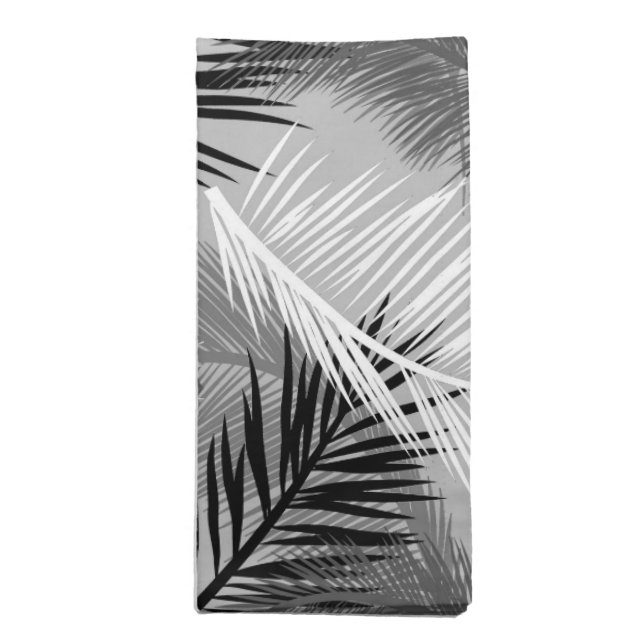 Palm Leaf Print, Grey / Gray, Black and White Cloth Napkin (Folded)