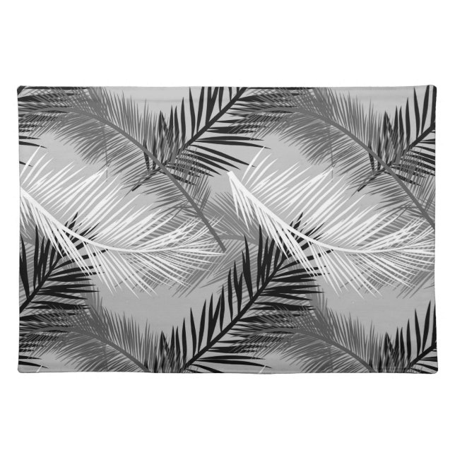 Palm Leaf Print, Grey / Gray, Black and White Cloth Placemat (Front)