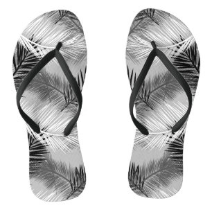 Palm Leaf Print, Grey / Gray, Black and White Flip Flops