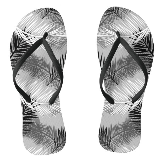 Palm Leaf Print, Grey / Gray, Black and White Flip Flops (Footbed)