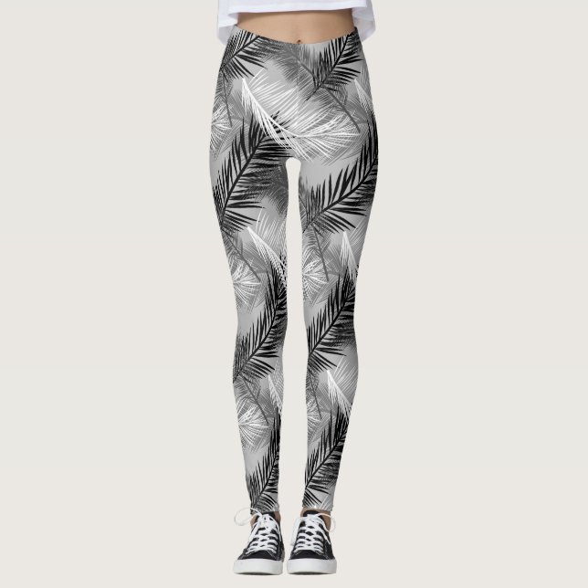 Palm Leaf Print, Grey / Gray, Black and White Leggings (Front)
