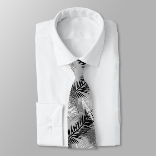 Palm Leaf Print Grey  Gray Black and White Neck Tie