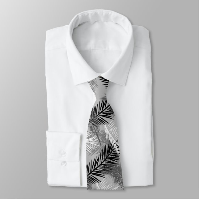 Palm Leaf Print, Grey / Gray, Black and White Neck Tie (Tied)